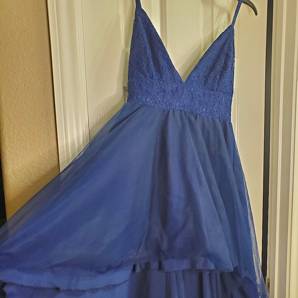 Womens high low tulle v neck dress in blue size large